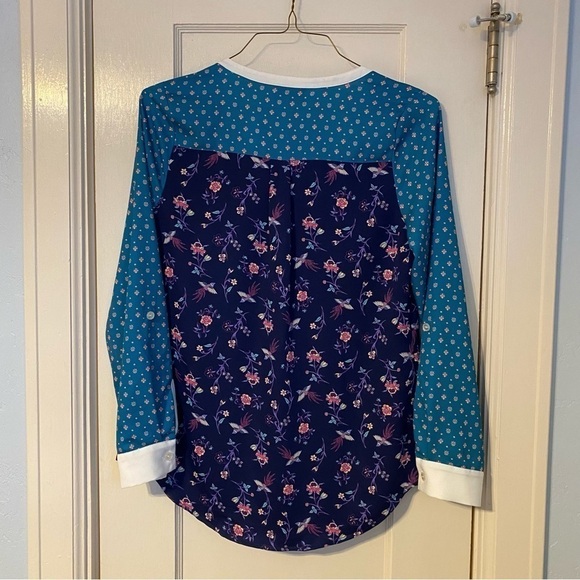 Mod Cloth Top Blouse Novelty Bird Print with Roll Tab Long Sleeves Size S - Picture 3 of 10